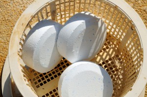 Chlorine tablets in pool skimmer basket.